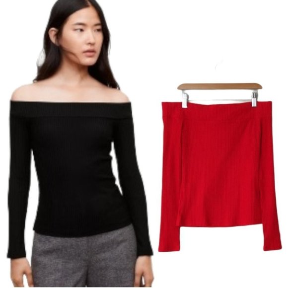Aritzia Wilfred Freman Off-the-Shoulder T-Shirt XS Red Stretch Ribbed Top